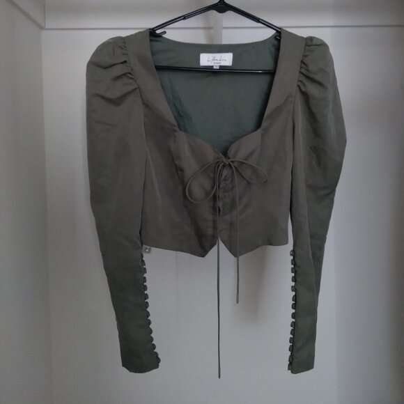 Revolve L'Academie Duffy Victorian Style Puff Sleeve Blouse in Olive Green - Picture 2 of 7